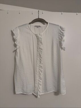 Joy Joy White Ruffle-Front Cap Sleeve Blouse